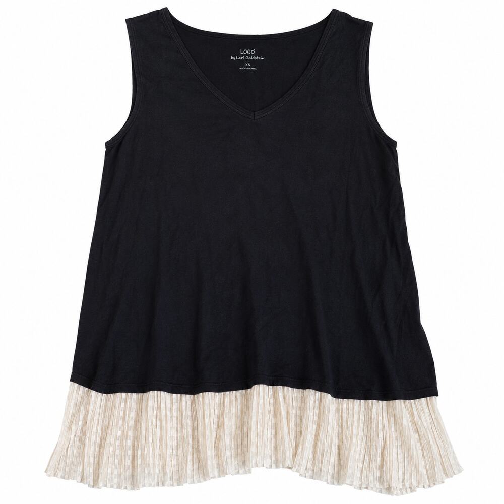 LOGO Lori Goldstein Black Tunic Tank Top Women’s M Pleated Clip Dot Mesh Hem